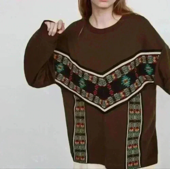 Zara Women's Brown Trafaluc Aztec Print Crew Neck Pullover Sweater M - Picture 1 of 11